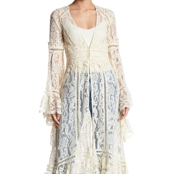 🕊️ Free People Rhiannon Lace Maxi Dress kimono | Boho Sheer Cardigan Gown | - Picture 5 of 10